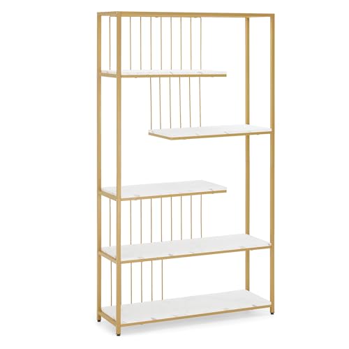BarberPub libreria bianco, scaffale in piedi con 5 livelli, scaffale per ufficio con struttura in metallo, scaffale per ufficio, soggiorno, camera da letto, salone per unghie, oro, 30x100x180cm, 5177