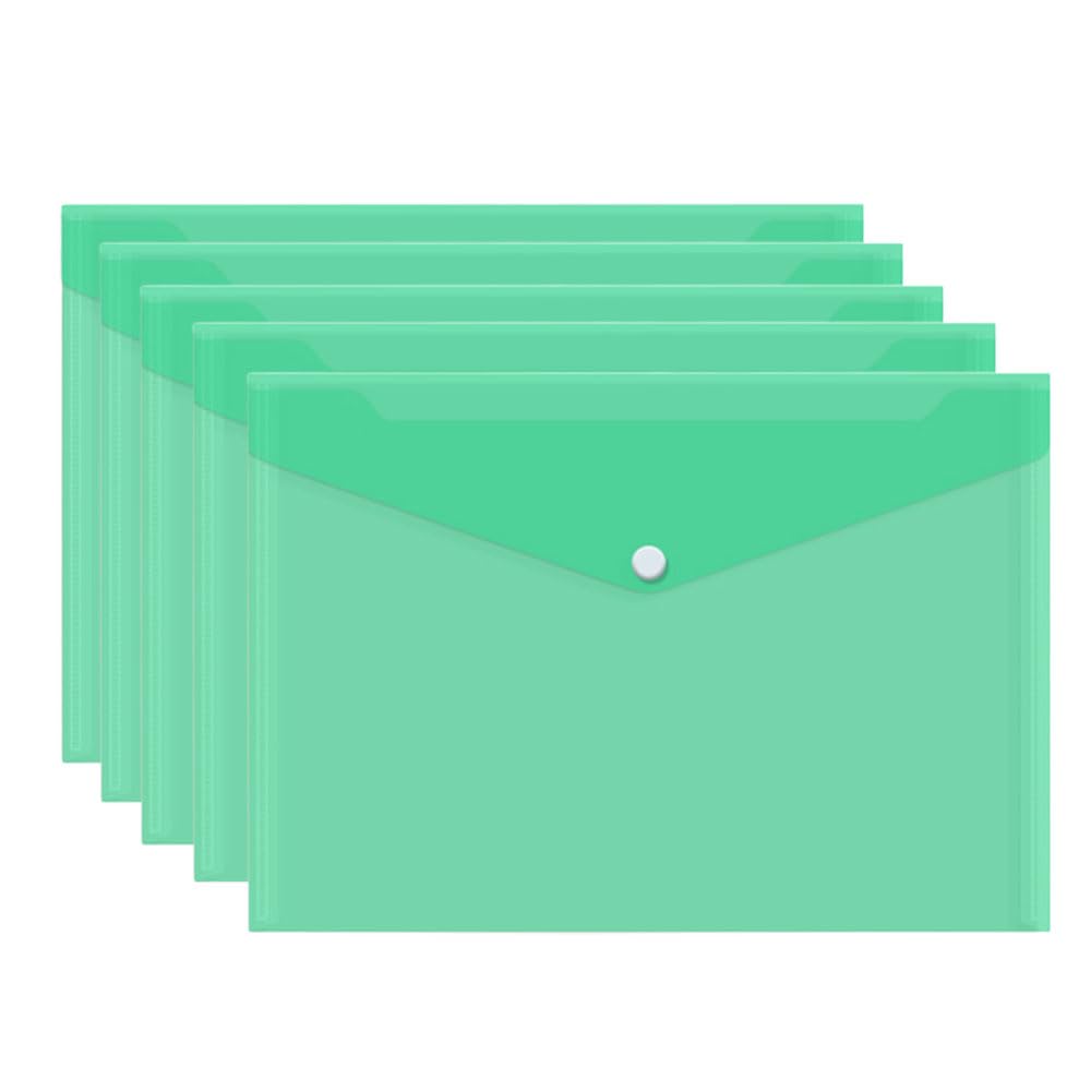 5PCS A4 Plastic File Bag, Document Folder Waterproof, Plastic Envelopes Wallet with Snap Button for School Home Office, Green