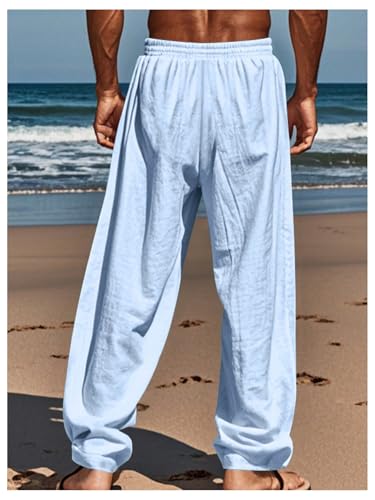 SOLY HUX Men's Linen Pants Drawstring Elastic Waist Straight Leg Casual Loose Fit Pants with Pockets2