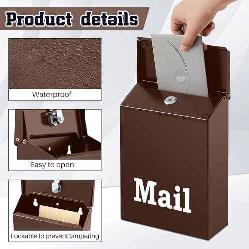 Image of MorningRo 10 x 7 x 3 Inch Small Brown Wall Mount Mailbox with Lock Key for Outside Apartment Porch Rust Proof Security Key Drop Box for Letters Newspapers Cards