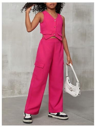 Image of Floerns Girl's Summer Two Piece Sets Button Up Waistcoat Vests Cargo Pants Clothing Sets