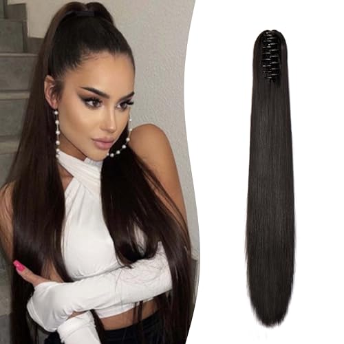 Gairyan 60cm Cola de Caballo Extensiones Pelo Natural Coleta Postiza Lisa con Pinza Extensiones Coleta Larga con Pinza Extensiones de Cabello Postiza Pelo Sintético - Marron oscuro