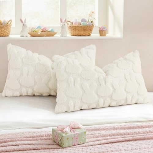 Image of decorUhome Easter Bunny Pillow Covers 12x20 Inch Set of 2, Soft Plush Faux Wool Jacquard Cream White Rabbit Cushion Covers, Farmhouse Neutral Spring Easter Holiday Decor for Couch Sofa Bed