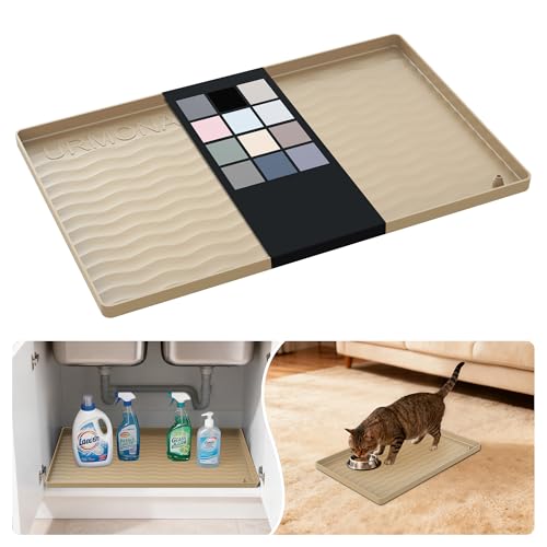 Image of URMONA Waterproof Silicone Under Sink Mat 19'' x 12'' Shelf Liner for Kitchen and Bathroom, Cabinet and Counter Protector, Storage and Organizers, Litter Mat, Pet Cat Puppy Essentials(Khaki)