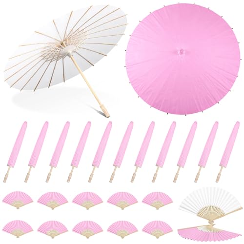 SilTriangle 12 Set Wedding Parasols Hand Fan for Guests White and Pink