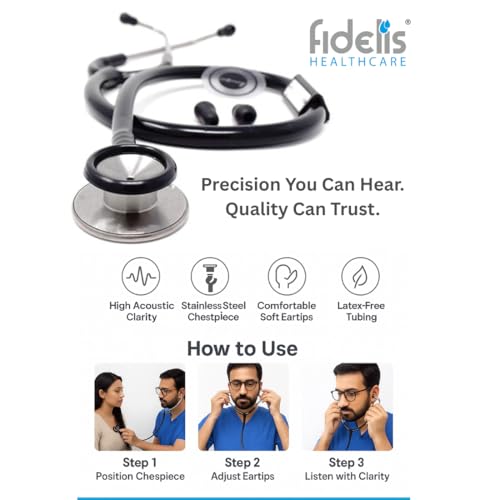 Image of Fidelis Healthcare Black Edition Dual Head Stainless Steel Stethoscope for Doctors, Nurses & Medical Students | Light Weight Chest Piece | Flexible Latex Free Tube