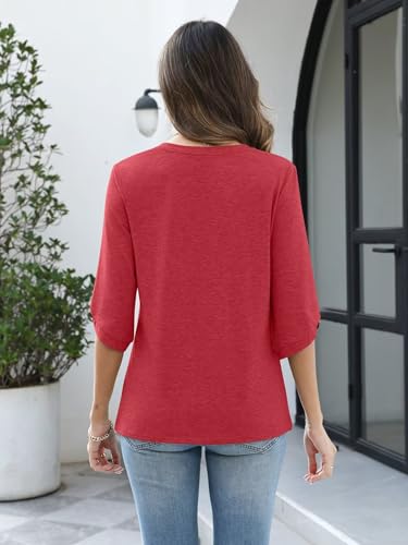 Image of TICTICMIMI Womens Tops 3 /4 Length Sleeve V Neck Casual Trendy Button Tunic Tops Summer Basic T-Shirts Loose Fit Pullover
