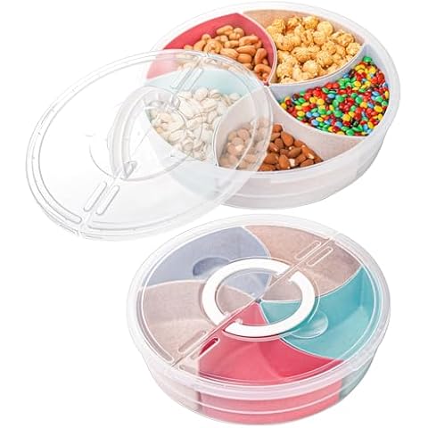 Cedilis 2 Pack Appetizer Tray with Lid and Handle, 12inch Snack Caddy Organizer, 5 Compartment Divided Serving Tray, Round Food Container Carrier for Snack, Candy, Nut, Picnic, Beach Cover