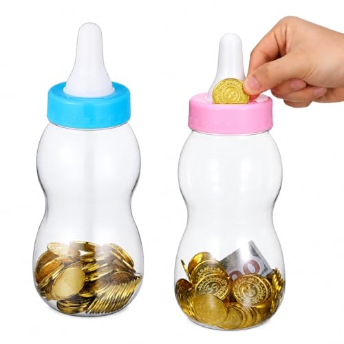 Image of Housoutil Nursing Bottle Shape Piggy Bank Transparent Coin Storage Bottles 11.02in Clear Plastic Money Jar for Candy Snacks Dry Food 2 pcs for Baby Shower Wedding Birthday Party
