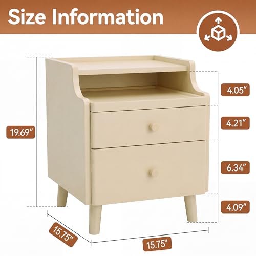 Image of Nightstand Set of 2, Pre-Assembled, 19.7 inchH Solid Wood Night Stand with 2 Drawers, Open Sliding Shelf, Mid Century Modern Small Bedside Table for Bedroom, Cream 16 inch