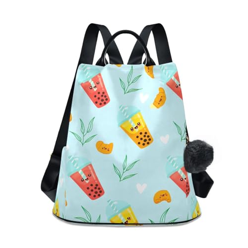 Sac à dos antivol bleu femme motif thé aux perles sacoche de ville pompon