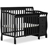Dream On Me Jayden 4‑in‑1 Mini Convertible Baby Crib & Changer with Storage in Black, Pinewood, GreenGuard Gold & JPMA, 1” Mattress Pad, 3 Mattress Heights, Converts to Mini Day & Twin-Size Bed