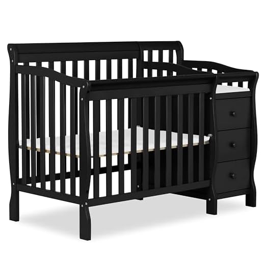 Dream On Me Jayden 4-in-1 Mini Convertible Crib And Changer in Black, Greenguard Gold Certified, Non-Toxic Finish, New Zealand Pinewood, 1" Mattress Pad