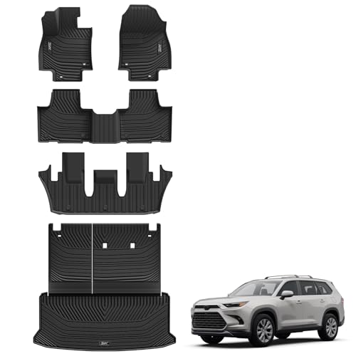 3W Floor Mats for 2024 2025 2026 Toyota Grand Highlander 7 Seat (Include Hybrid), with Subwoofer, Trunk Mat Cargo Liner, and Seat Back Covers TPE All Weather, Black 2. Grand Highlander|24-26