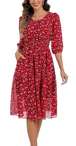 Image of Kormei Women Casual Boho Floral Round Neck 3 /4 Sleeve Smocked Waist Tiered A Line Flowy Swing Midi Dress Long Dresses