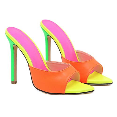 Vujkliy Women's Slippers Pointed Toe Colorblock Stiletto Sandals Sexy Casual Everyday Outer Wear 12Cm/4.7In Slippers