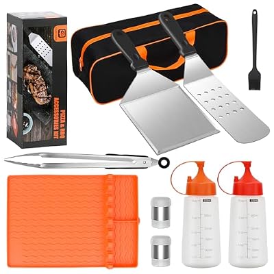 10PCS Griddle Accessories Kit - Flat Top Grill Set for Blackstone and Camp Chef with Basting Brush, Scraper, Grill Tongs,Mat and Grill Tool Bag for Outdoor BBQ