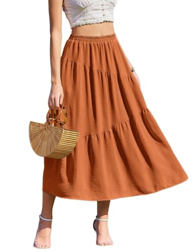 Zeagoo Damen Rock Lang Elastic Waistband Maxirock mit Taschen Elegant Flowy Sommerrock Lässig Lange Röcke Sommer Ziegelrot S