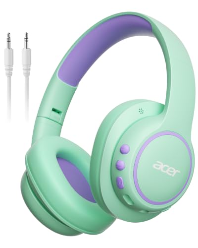 Acer OHR702 Kids Bluetooth Headphones for School with Built-in Mic,Over-Ear | 75H Playtime,Bluetooth 6.0,85dBA Safe Volume,3.5mm Jack Aux Cord, USB-C Fast Charging, for iPad/Travel/Tablet- Green Purple