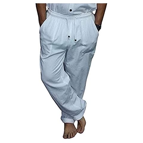 SUNINCANS Men Pants 100% Cotton, Elastic waisband and adjustmen Rope, Casual Beach wear. (White, Medium) Cover