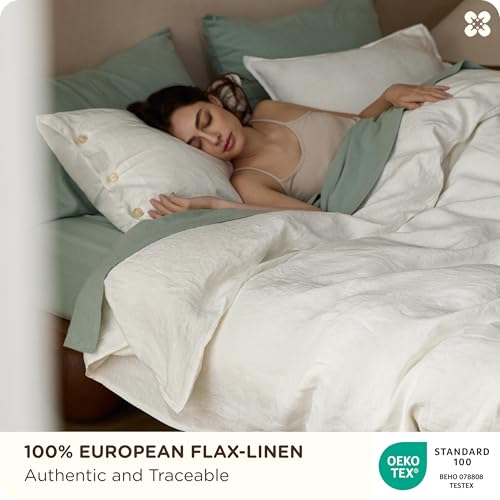 Image of Bedsure PureWoven European Flax Linen Duvet Cover Set, King, White