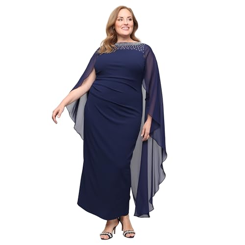 Image of Alex Evenings Women's Plus Size Long Crepe Mother of the Bride Column Dress with Embellished Illusion Neckline & Capelet Sleeves