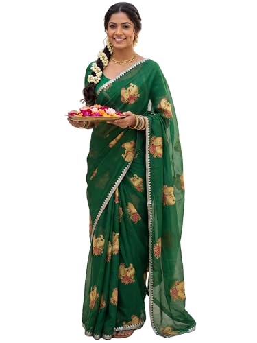 Image of AKHILAM Women's Chiffon Ethnic Motif Print Zari Border Saree With Unstitched Blouse Piece (KNIKA2001 AI Parent)