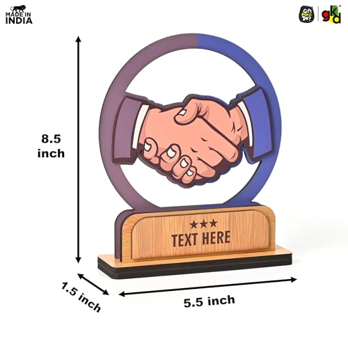 Image of GKD Personalized Wooden Handshake Memento Trophy | Partnership Award for Corporate Gifts, Dealer Meets & Business Achievements | Custom Name & Text | Office Desk Decor (Personalized)