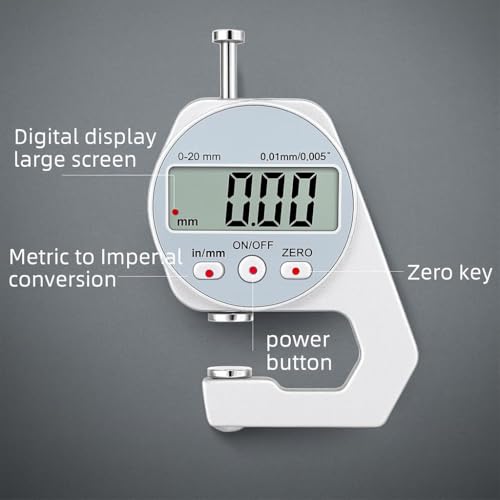 Image of Digital Thickness Gauge 0-20mm, 0.01mm Accuracy, LCD Display, Inch /mm Conversion, Precision Thickness Measuring Tool for Paper, Plastic, Metal, Leather & Sheet Materials (Guage-20mm)