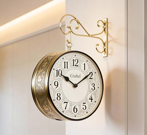 Image of CRAFTEL Double Sided Station Wall Clock Electroplated Shiny Gold | English Roman Numerals | Aluminum Dial | Gift for Home Hall Living Room | Dial 12 Inch - Shiny Gold - 365 Days Warranty |