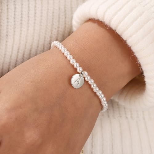 Image of Ursteel Pearl Initial Bracelet for Women - Gifts for Kids Teen Girls, Dainty Letter Pearl Bracelets for Women, Bridesmaid Proposal Wedding Bride Party Bridal Shower Gift
