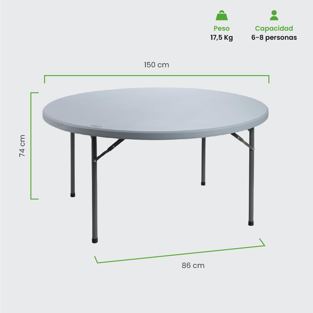 Mesa Redonda Grande Ø 150 cm con Patas Plegables Auxiliar de PVC de Exterior Ideal para Jardín, Comedor, Camping, Terraza, Cocina, Picnic, Catering, Restaurante y Hostelería.