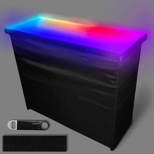 Image of PartyLife 48 inch Premium Glowing LED Surface Portable Bar Table with Black Skirt, Mobile App, Folding Legs, Black Fabric Bar Skirt, 2 Storage Shelves & 2 Carrying Bags
