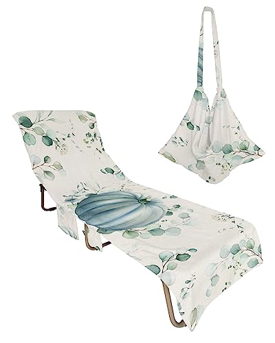Rustic Blue Pumpkin, Beach Lounge Chair Towel Cover, Soft Chaise Lounge Towel with Side Pockets Patio Pool Chairs Cover for Beach/Pool Sunbathing 29x85 Thanksgiving Fall Green Eucalyptus Leaves