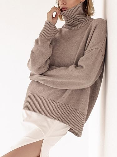 YKR Women's Turtleneck Sweater Chunky Long Sleeve Knitted Pullover High Low Hem Sweater Jumper Top Khaki XS2