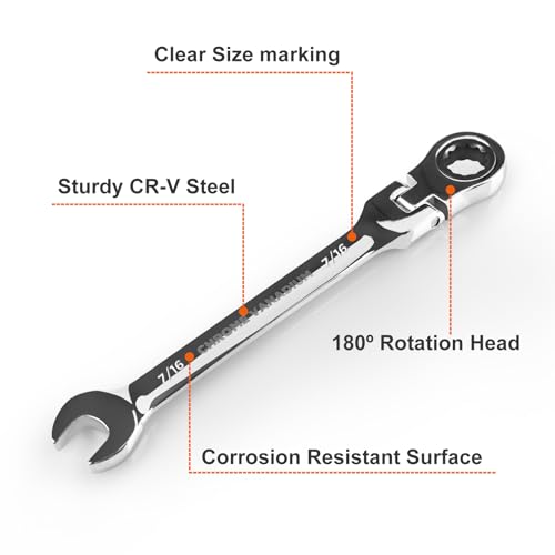 Image of Egofine 7 /16 Inch Ratchet Wrench Flex Head, Ratcheting Combination Wrench SAE, Industrial Grade Gear Spanner with 12 Point Box End, 72-Teeth Ratchet, Chrome Vanadium Steel