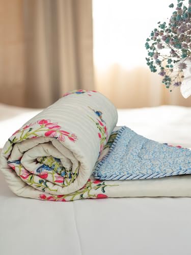 Image of Bougainvillea Ac Dohar Double Bed | Uniform Cotton Filling Duvet | 100% Cotton Soft & Cozy AC Blanket | Lightweight Reversible Design Quilt | Color - White