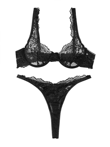 Image of Lilosy Sexy Floral Lace Scallop Underwire Push Up Sheer Lingerie Set Outfits