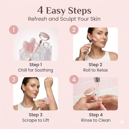 Image of Advance Rose Quartz Gua Sha and Face Roller Set Anti-Breakage for Long-Lasting Use, Jawline Sculpting and Puffiness Reducing, GuaSha Facial Tools for Self Care Pink