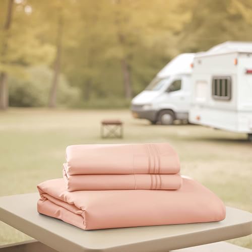 Image of Nestl Blush Pink Short Queen Sheets for RV, Hotel Luxury RV Queen Sheets Set, 4 Piece Fitted Bed Sheet Set and Pillowcases, Super Soft, Wrinkle-Free, and Breathable Camper Bedding