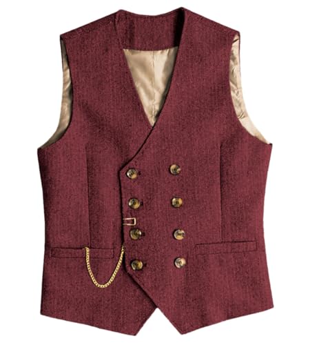 Men's V Neck Herringbone Wool Tweed Double Breasted Waistcoat Tuxedo Groomsmen For Wedding Vests