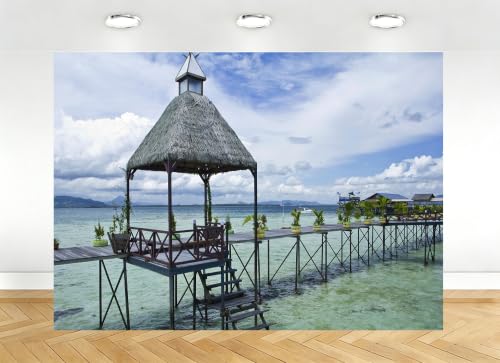 5X3ft Fabric Tropical Pier Backdrop Thatched Gazebo Turquoise Ocean Photography Background Island Resort Party Decorations Tapestry Beach Event Photo Studio Props