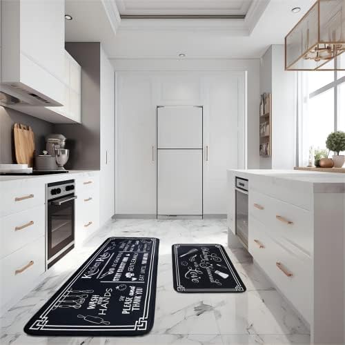 Voanos Black and White Kitchen Rules Runner Rugs, Non-Skid, Washable Microfiber Kitchen Mats Set of 2, Size 17"x47" and 17"x30"