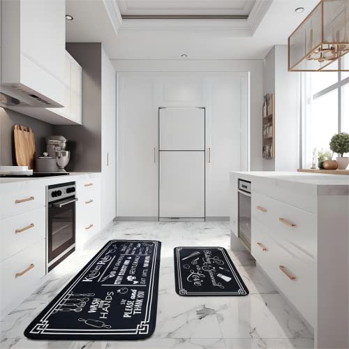 Voanos Black and White Kitchen Rules Runner Rugs, Non-Skid, Washable Microfiber Kitchen Mats Set of 2, Size 17"x47" and 17"x30"