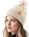Jikuzfu Womens Winter Beanie Hat with Pom Pom，Cute Warm Knit Hat Warm Fleece Lined Knitted Soft Ski Cuff Cap