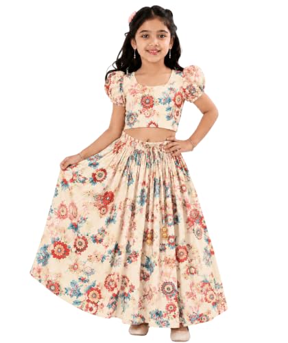 Image of GORLYA Girl's Rayon Printed Traditional Lehenga with Puff Sleeve Designer Choli Set