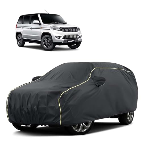 Image of Sulfar 100% Water Resistant Car Body Cover Compatible with Mirror for Mahindra Bolero Neo (Triple Stitched, Full Bottom Elastic, Dark Grey Tafetta with Yellow Piping)