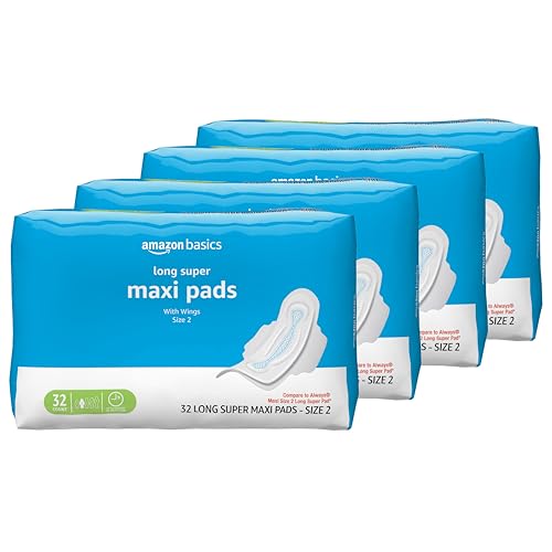 Image of Amazon Basics Thick Feminine Maxi Pads with Flexi-Wings for Periods - Long Length, Super Absorbency, Unscented, Size 2, 128 Count (4 Packs of 32)