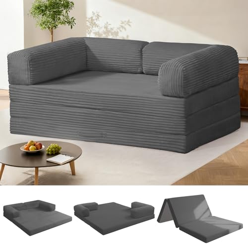 AOLVDOW Tri-Fold Foldable Mattress, Convertible Folding Sofa Bed with Removable Arms & Washable Cover, All-in-One Portable Mattress Floor Sofa Bed, No Assembly Required & Non-Slip, Queen Size, Grey