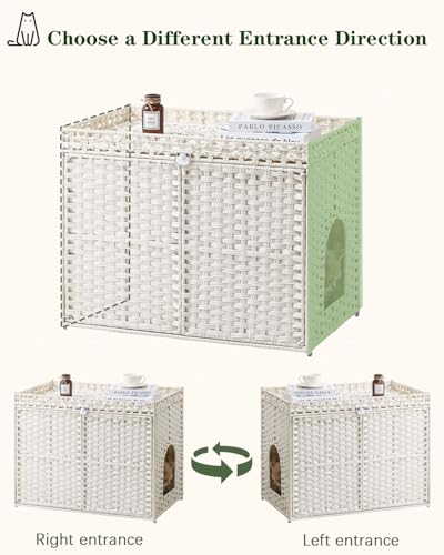 Image of SETVSON Cat Litter Box Enclosure Furniture, Handwoven Rattan Hidden Litter Box with Mat, Large Space Cat House with 2 S-Shaped Hooks 30.3 x 18.3 x 24.4 Inches, Indoor for Living Room Apartment White